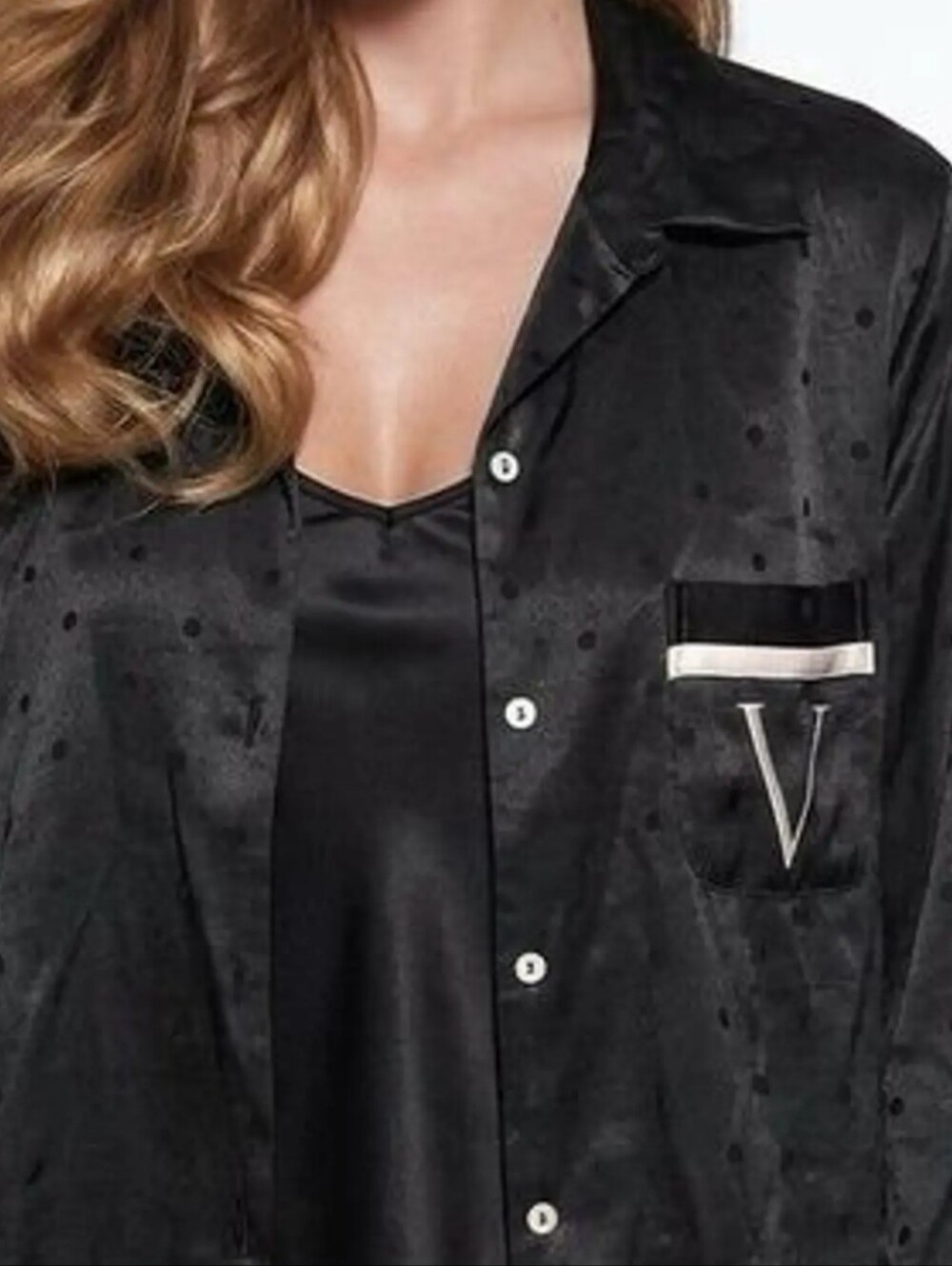 Victoria's Secret Black Satin Pajama Top with Cream Piping - Picture 5 of 13